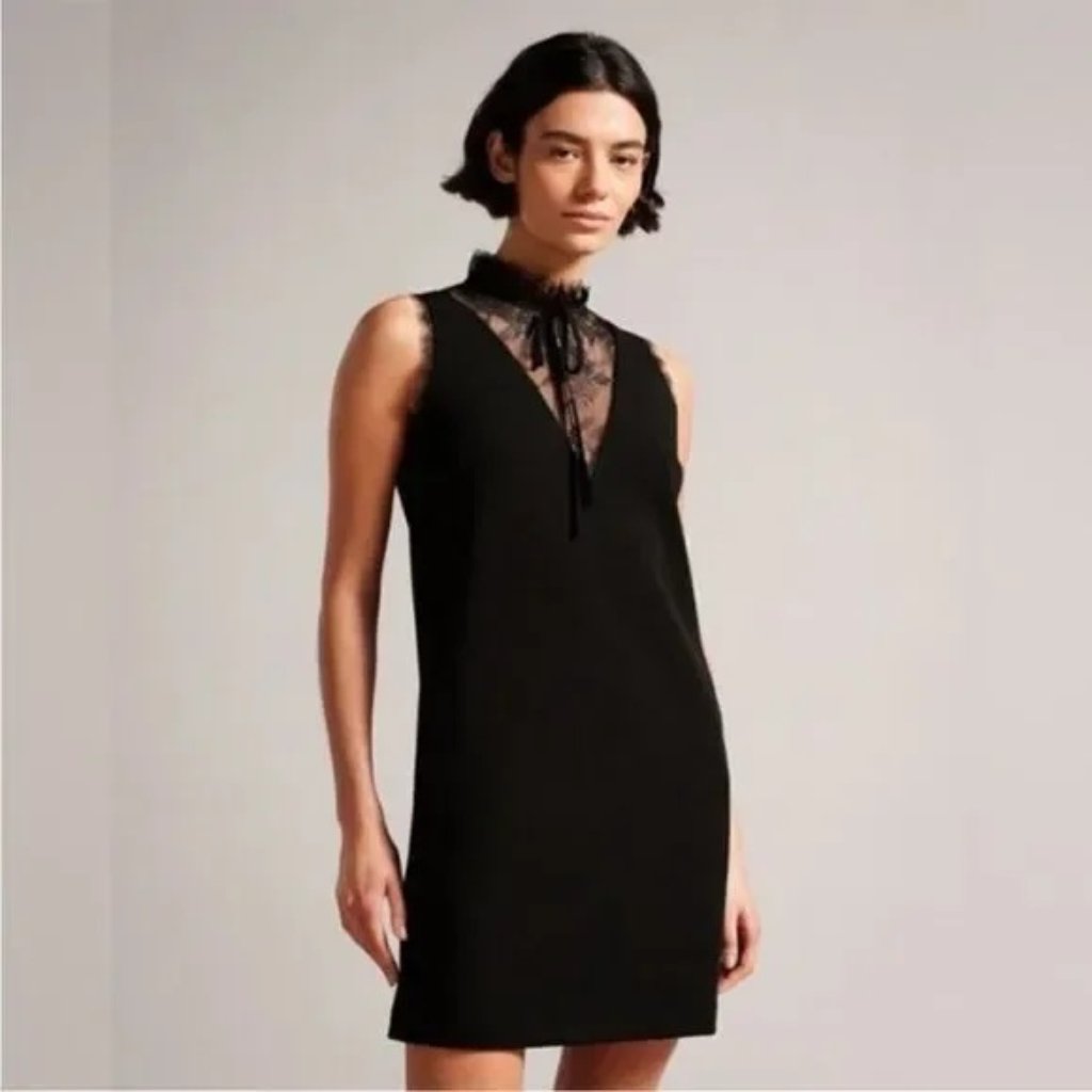 Nwt Ted Baker Chharis Mock Lace Neck Shift Mini Dress Black Us 2 Ted 0